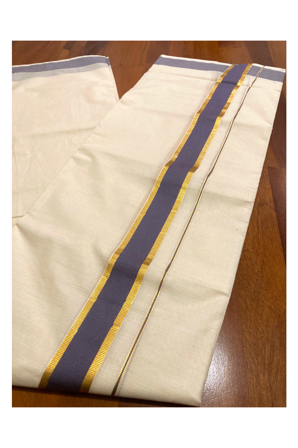 Pure Cotton Double Mundu with Grey and Kasavu Border (South Indian Dhoti)