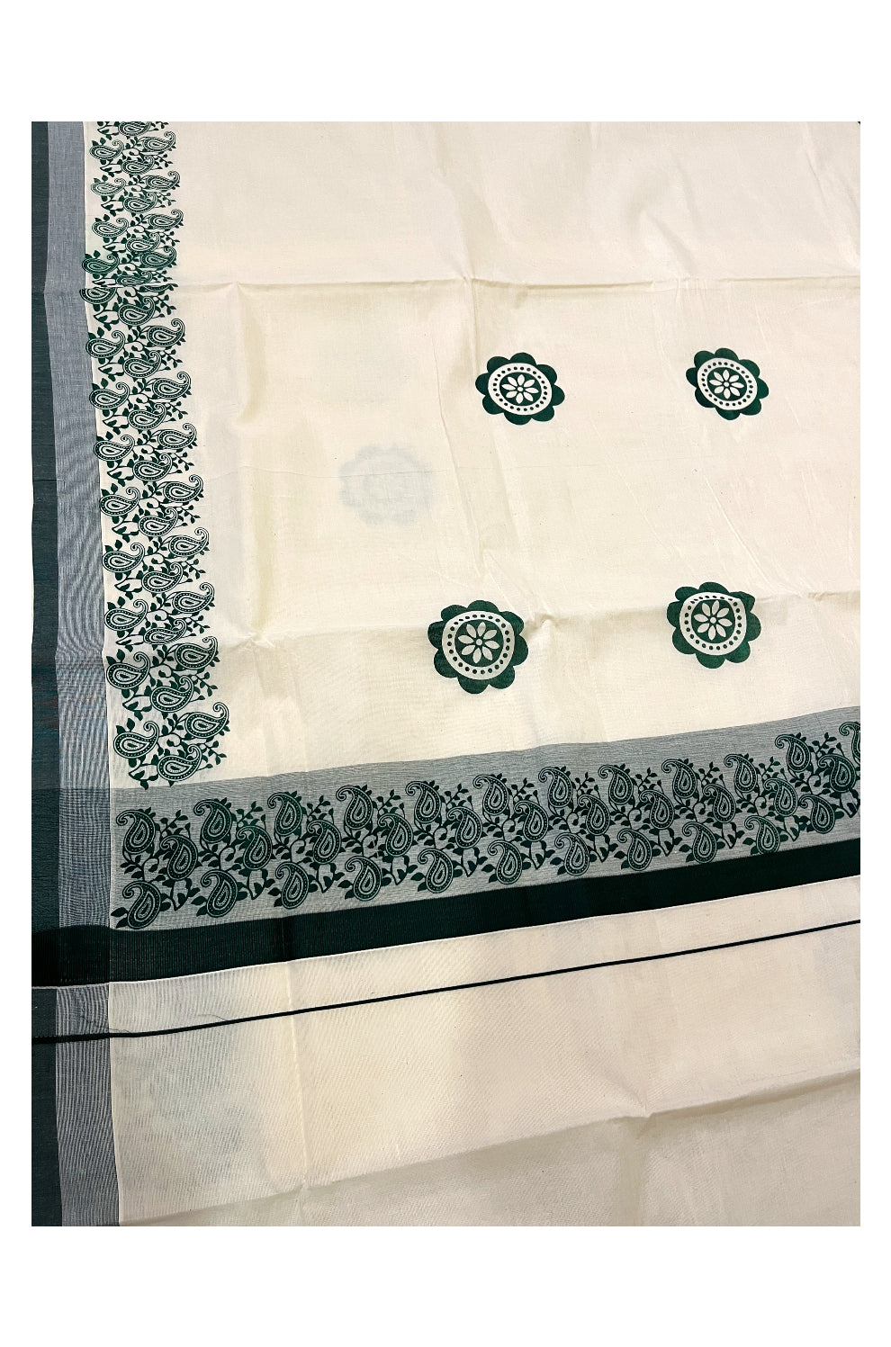 Pure Cotton Off White Kerala Saree with Green Paisley Block Prints on Border