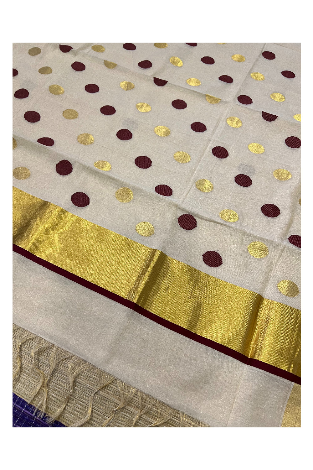 Southloom Premium Handloom Tissue Kasavu and Maroon Polka Work Saree