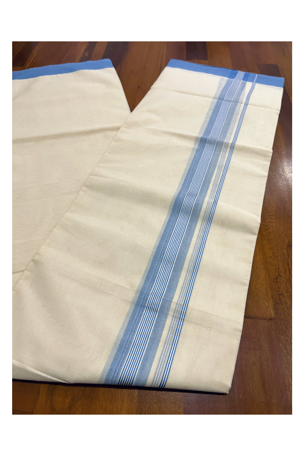 Pure Cotton Off White Double Mundu with Blue Kara (South Indian Dhoti)