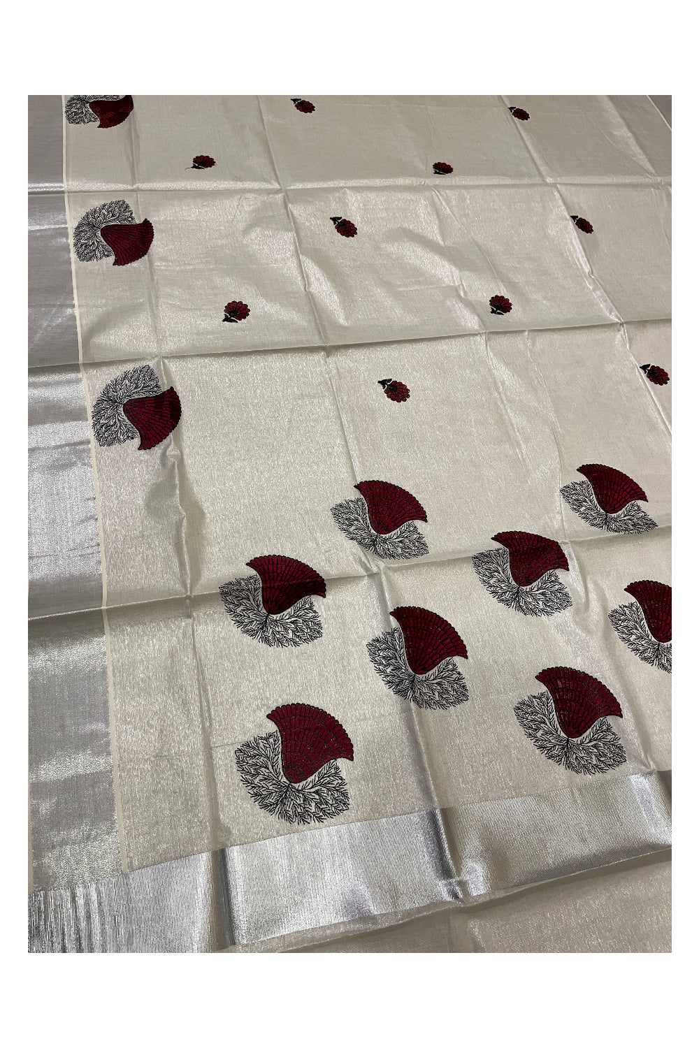 Kerala Silver Tissue Kasavu Saree with Maroon Floral Embroidery Design