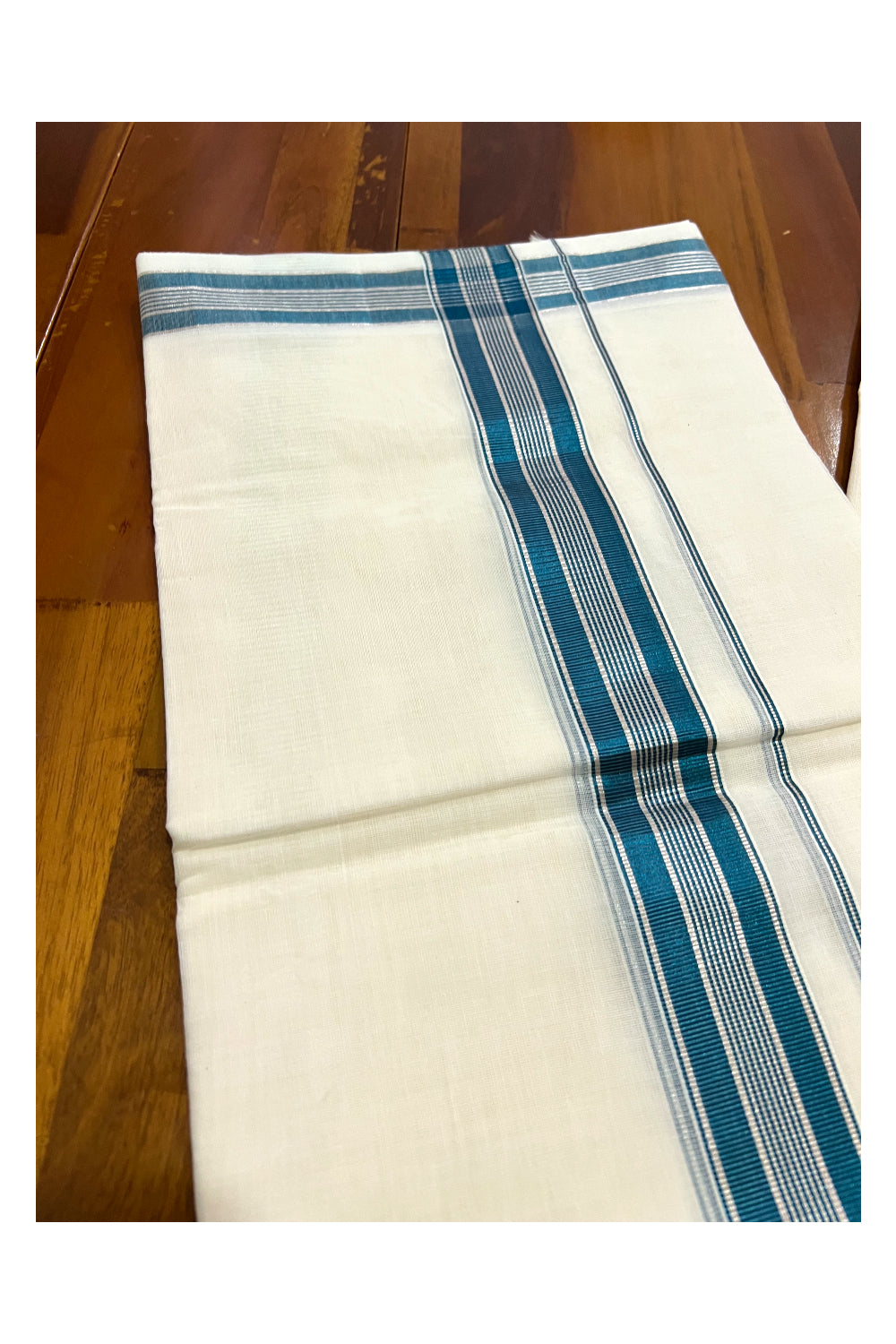 Southloom Premium Handloom Pure Cotton Mundu with Silver and Blue Kasavu Designer Border (South Indian Dhoti)