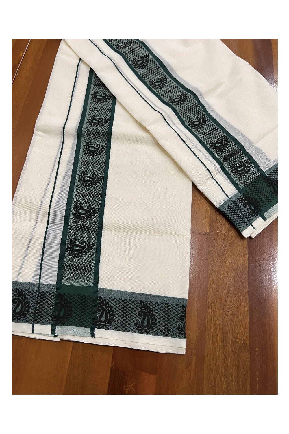 Kerala Cotton Set Mundu (Mundum Neriyathum) with Dark Green Paisley Block Printed Border