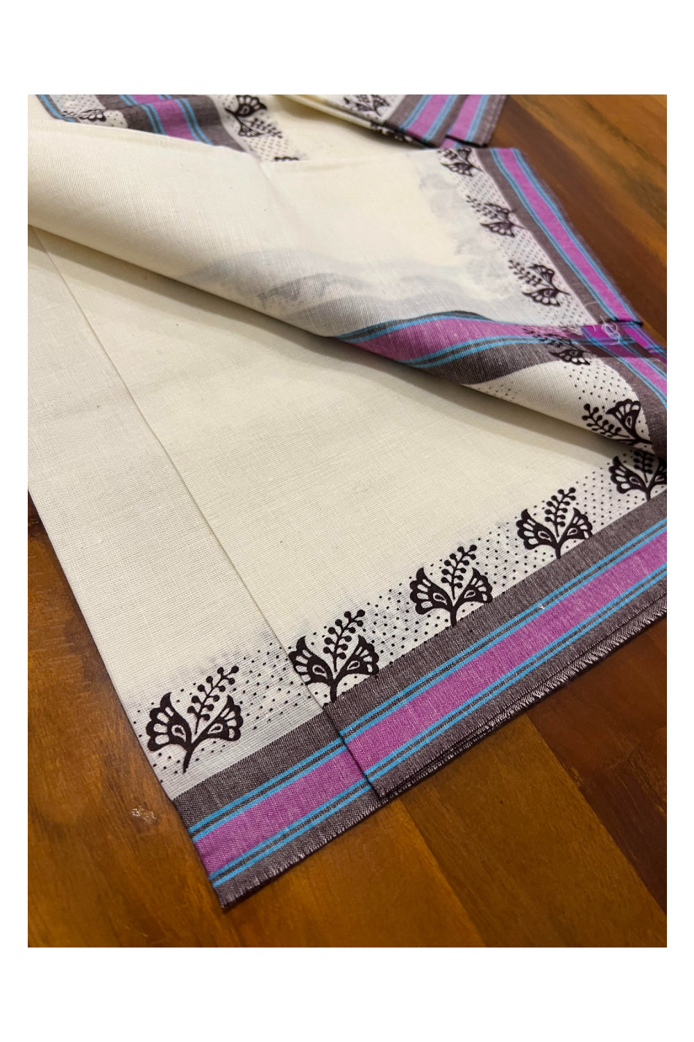 Kerala Cotton Mundum Neriyathum Single (Set Mundu) with Brown Block Print and Mulloth Border (Extra Soft Cotton)