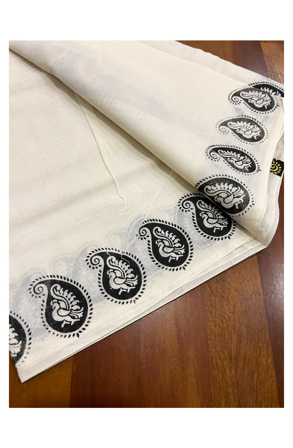 Kerala Cotton Set Mundu (Mundum Neriyathum) with Golden Paisley Block Prints on Black Border 2.80 Mtrs