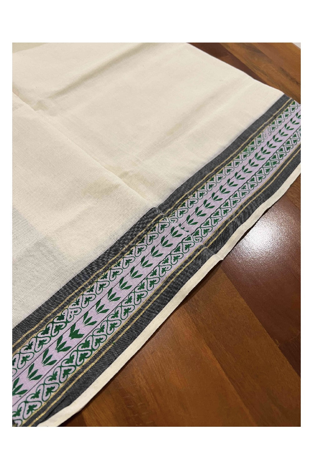 Kerala Cotton Set Mundu (Mundum Neriyathum) with Kasavu Black and Green Block Print Border