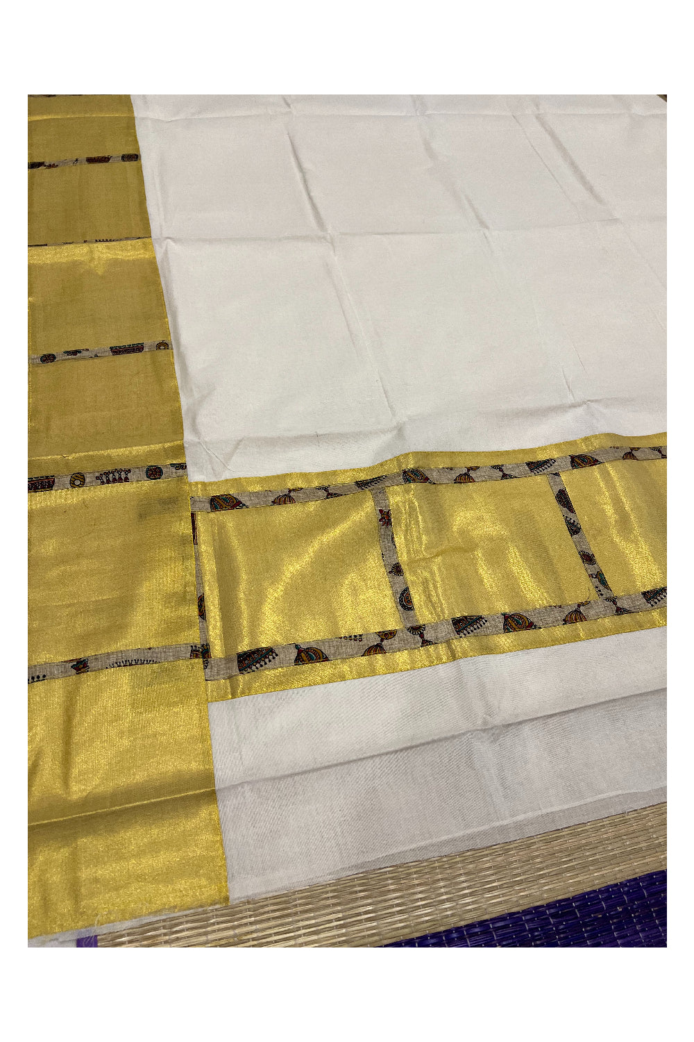 Kerala Pure Cotton Fusion Art Beige Jimikki Kammal Printed Kasavu Saree with Printed Blouse Piece