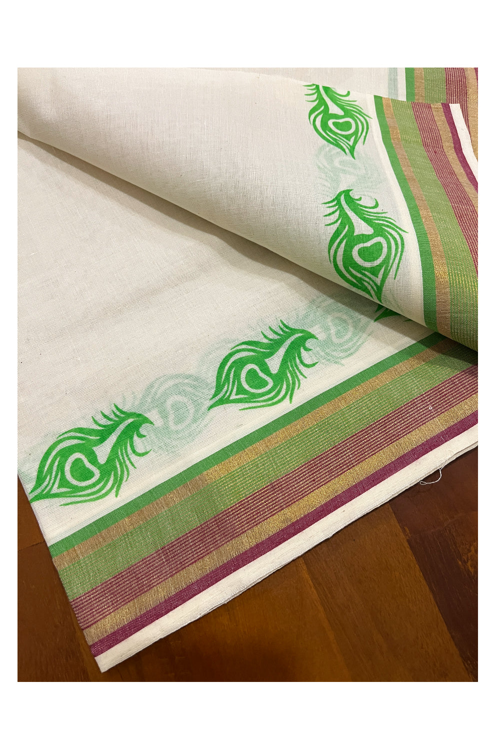 Pure Cotton Kasavu Single Set Mundu (Mundum Neriyathum Vishu 2023) with Green Feather Block Prints and Maroon Green Border