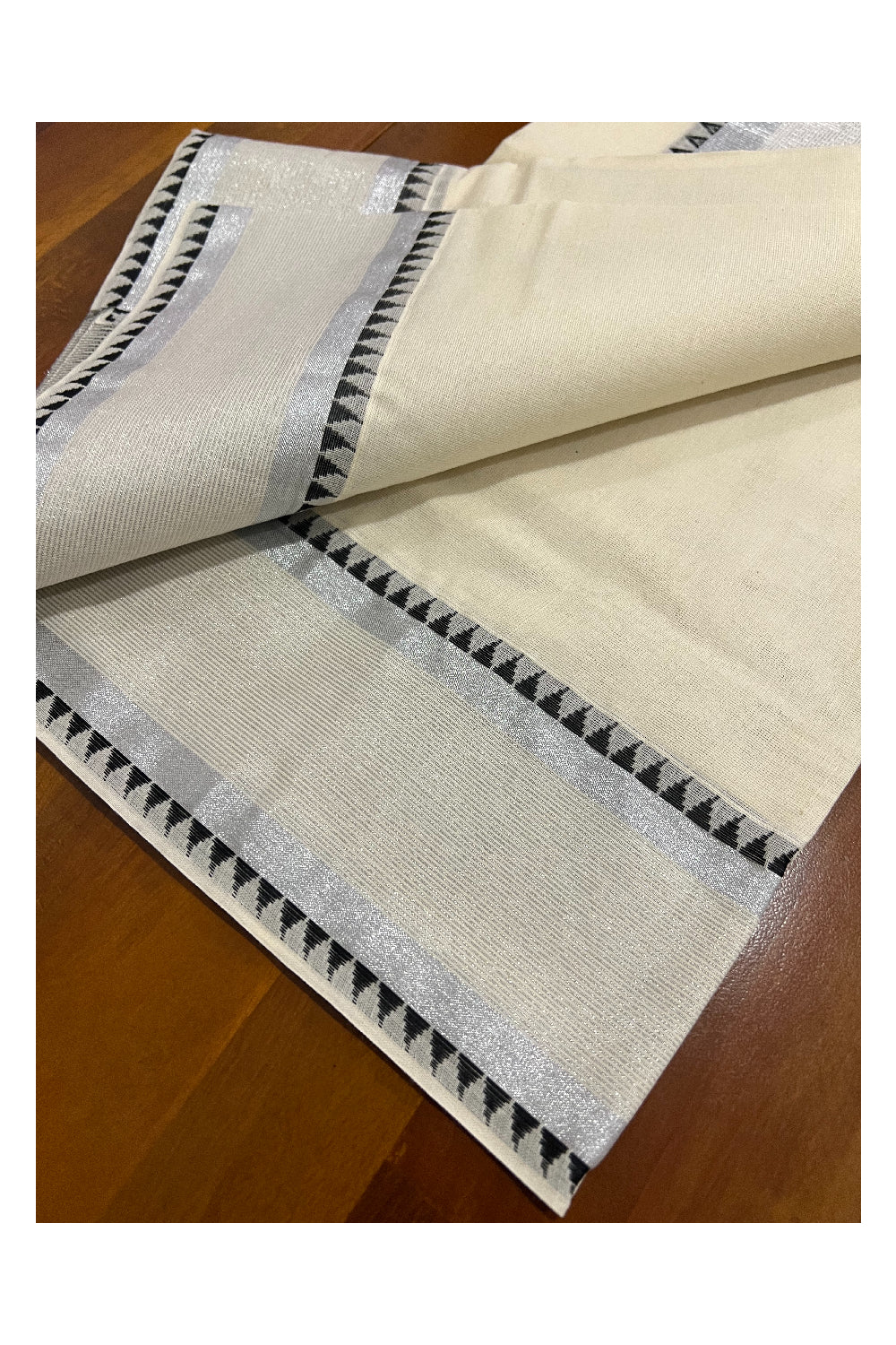 Kerala Cotton Set Mundu (Mundum Neriyathum) with Silver Kasavu and Black Temple Woven Border