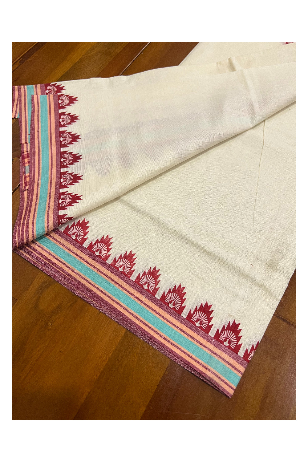 Kerala Cotton Mulloth Mundum Neriyathum Single (Set Mundu) with Brick Red Temple Block Prints on Turquoise and Brick Red Border (Extra Soft Cotton)