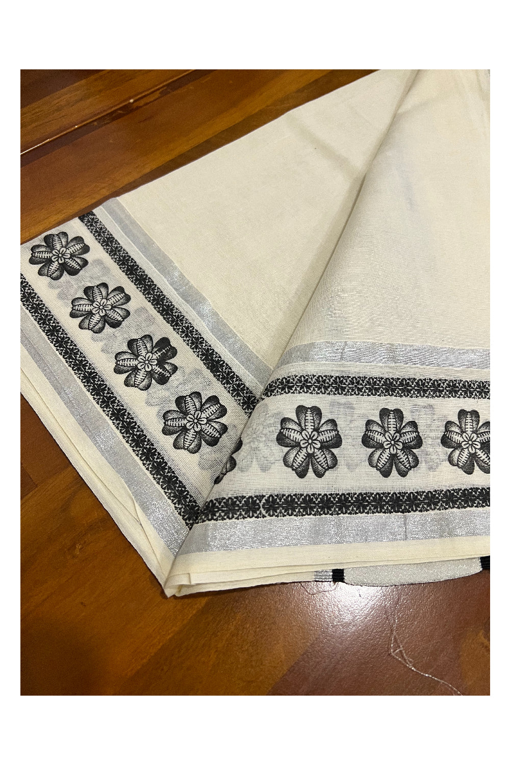 Cotton Silver Kasavu Set Mundu (Mundum Neriyathum) with Black Floral Block Prints on Border