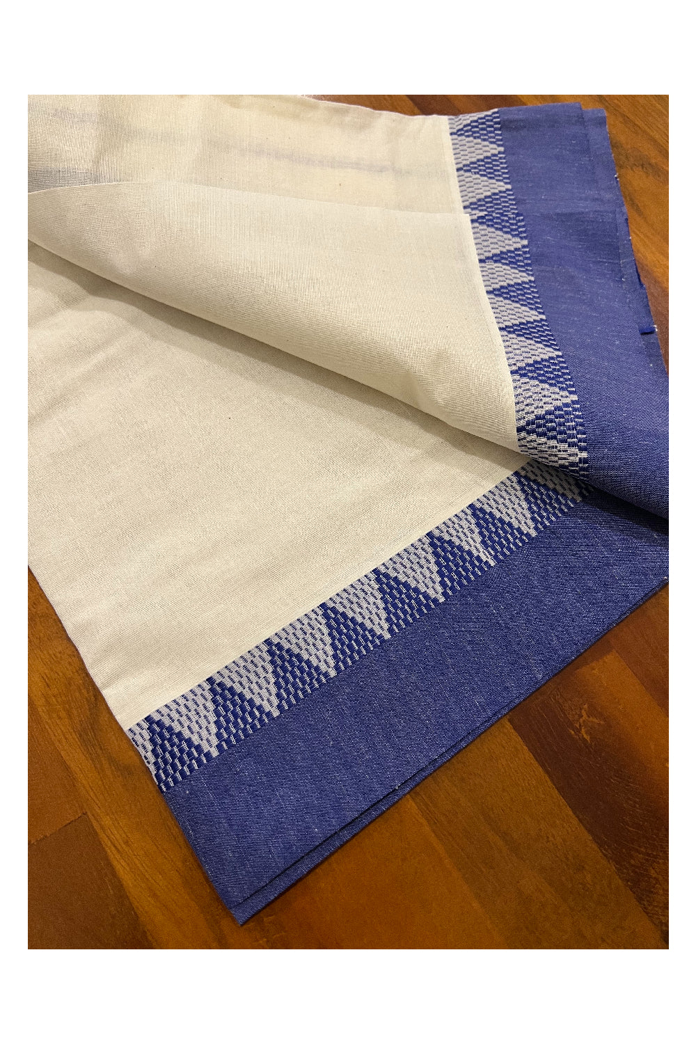 Kerala Cotton Mundum Neriyathum Single (Set Mundu) with Blue Temple Woven Border