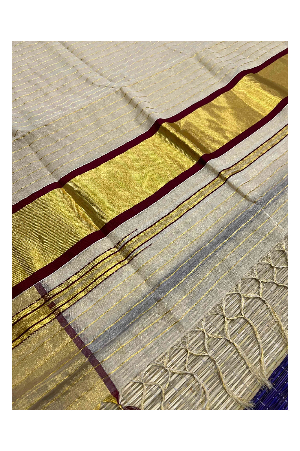 Southloom Premium Kuthampully Handloom Stripes Work Tissue Saree with Maroon Border