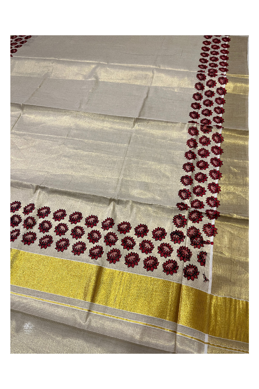 Kerala Tissue Kasavu Saree with Red Floral Block Printed Design