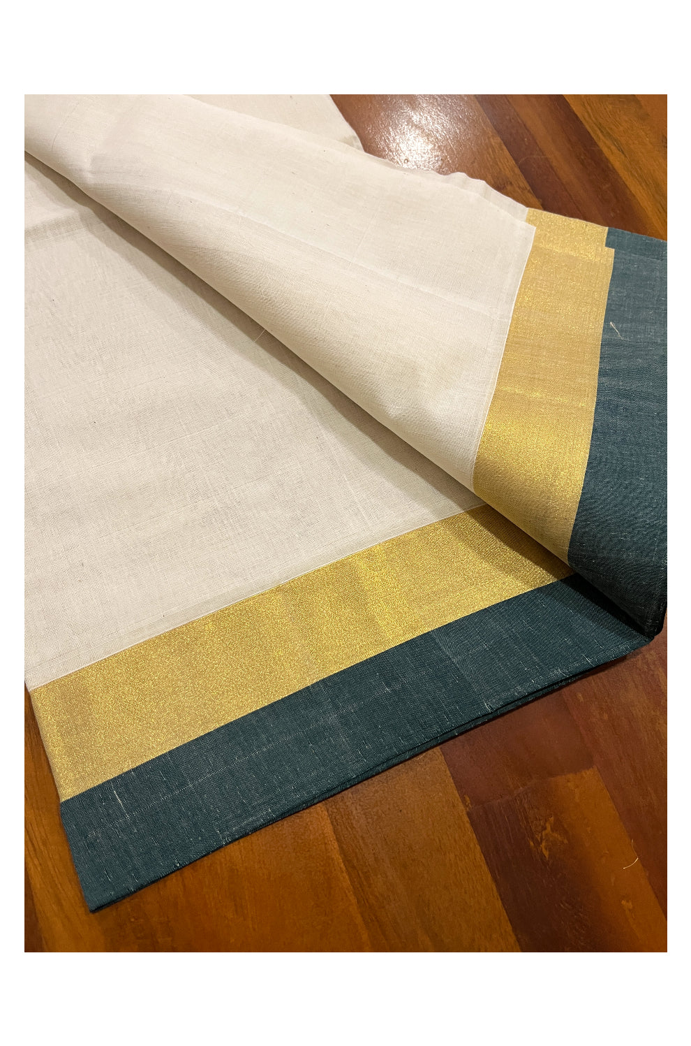 Southloom™ Unakkupaavu Balaramapuram Handloom Single Mundum Neriyathum (Set Mundu) with Green and Kasavu Border (include Blouse Piece)