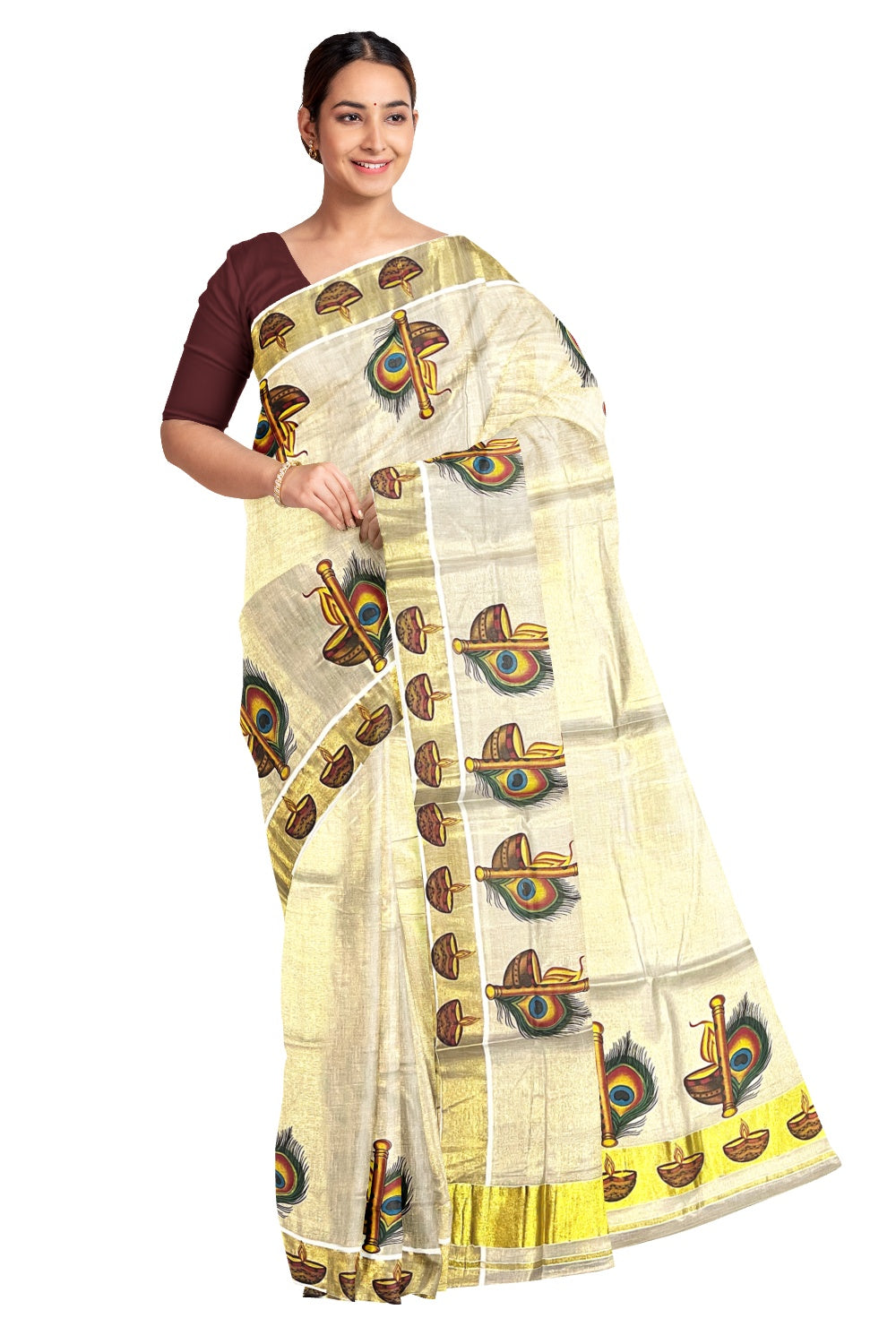 Kerala Tissue Kasavu Saree With Mural Printed Feather and Flute Designs on Border
