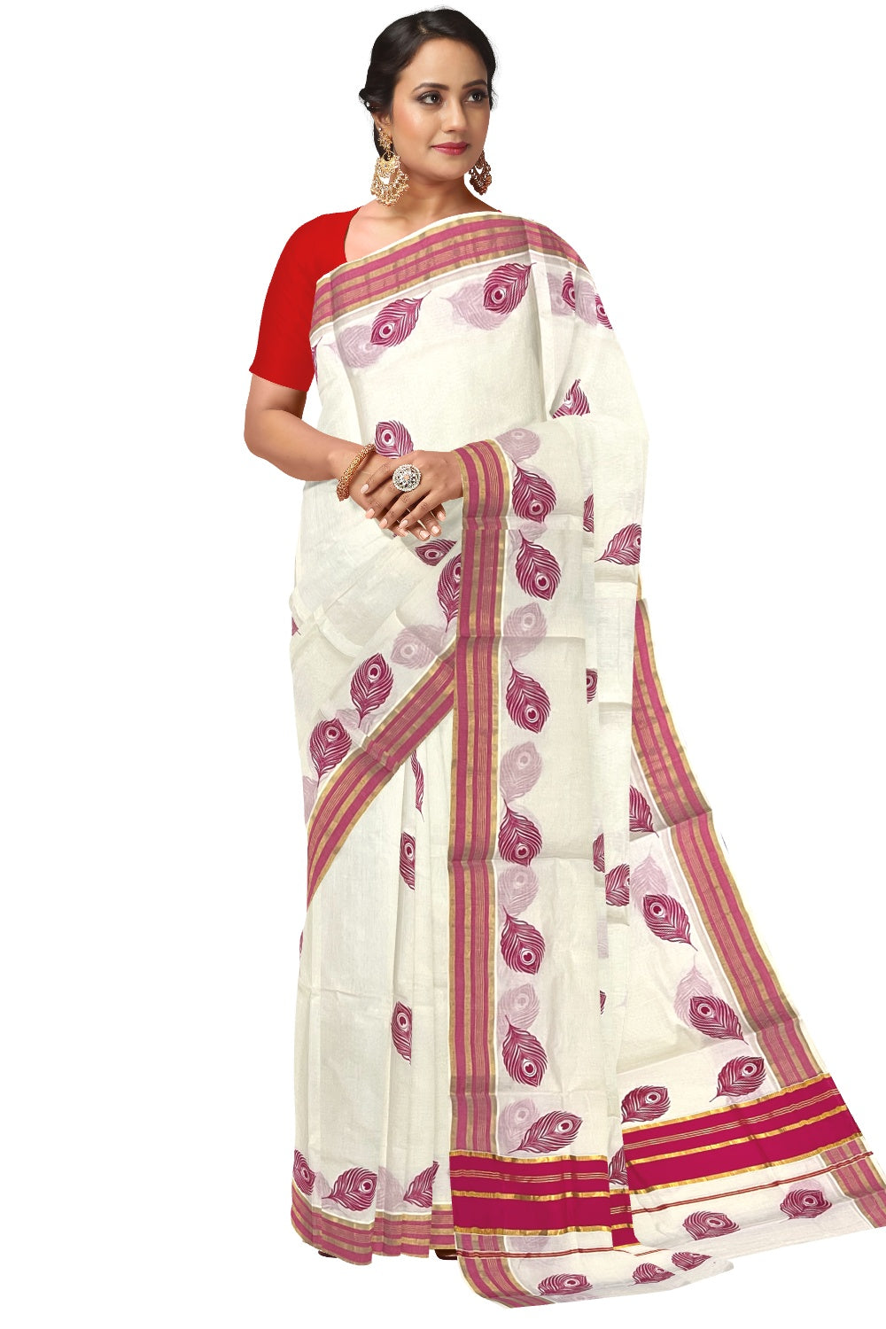 Pure Cotton Kerala Saree with Kasavu and Dark Pink Feather Block Prints on Border