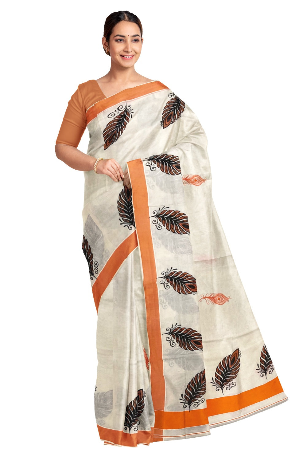 Pure Cotton Kerala Saree with Feather Block Printed Design and Orange Border