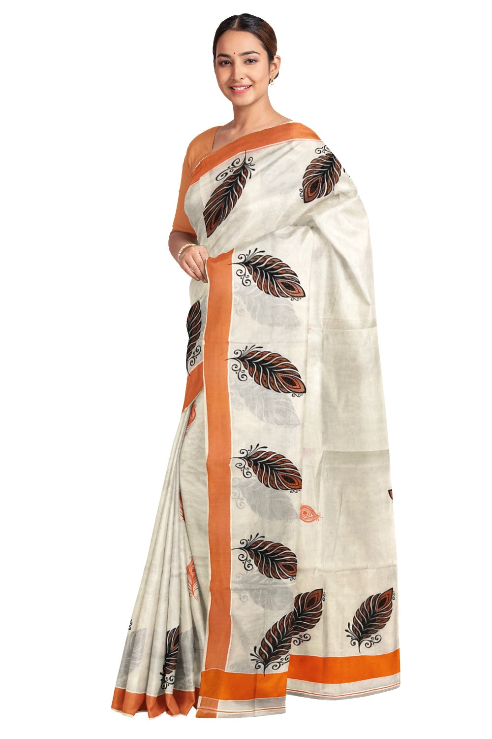 Pure Cotton Kerala Saree with Feather Block Printed Design and Orange Border