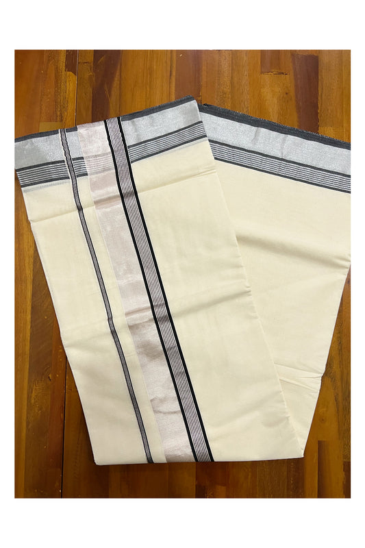 Kerala Pure Cotton Plain Saree with Silver Kasavu and Black Line Border