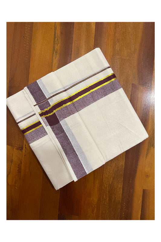 Off White Pure Cotton Double Mundu with Kasavu and Brown Kara (South Indian Dhoti)