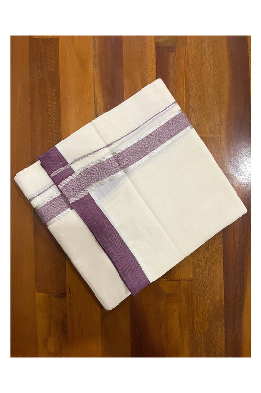 Pure Cotton Off White Double Mundu with Silver Kasavu and Purple Border (South Indian Dhoti)