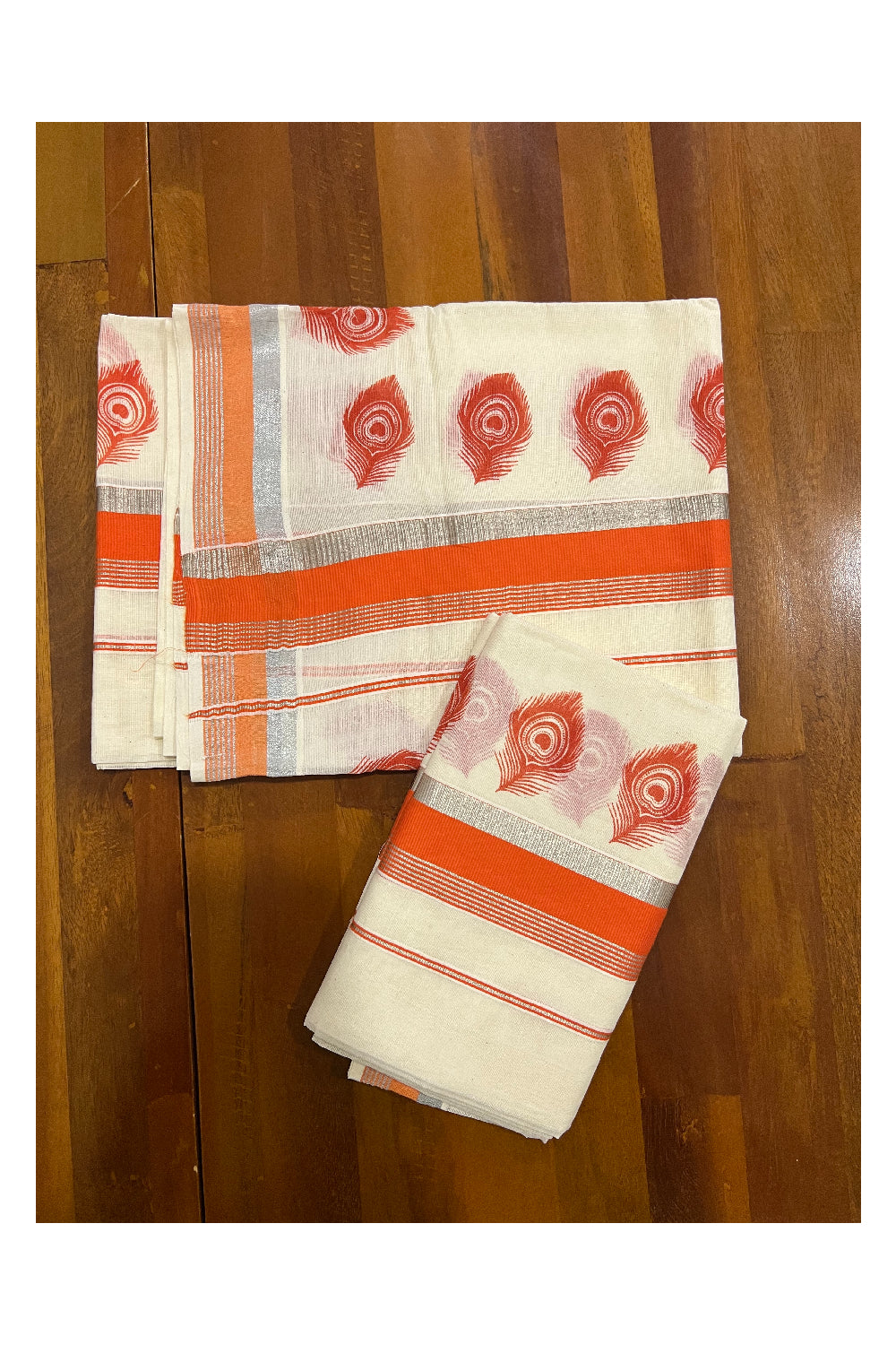 Pure Cotton Silver Kasavu Set Mundu (Mundum Neriyathum) with Orange Feather Block Prints on Border