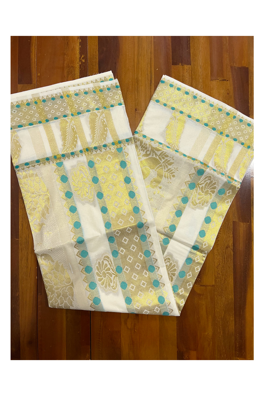 Pure Cotton Kerala Saree with Kasavu and Turquoise Heavy Woven Works