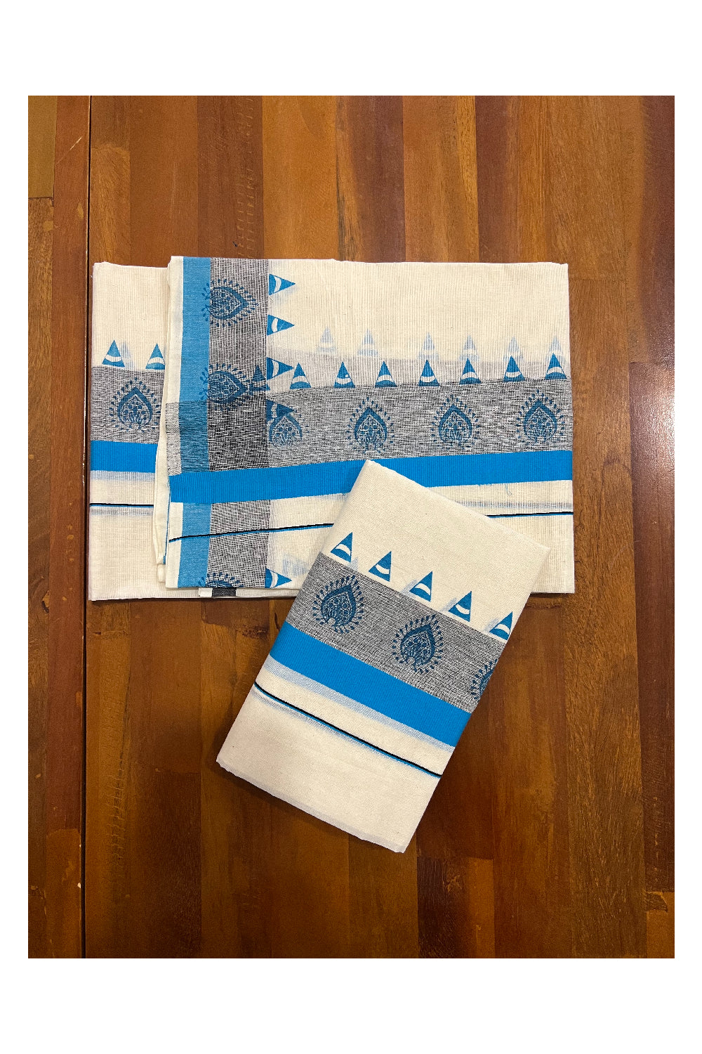 Kerala Cotton Set Mundu (Mundum Neriyathum) with Light Blue Block Prints on Border
