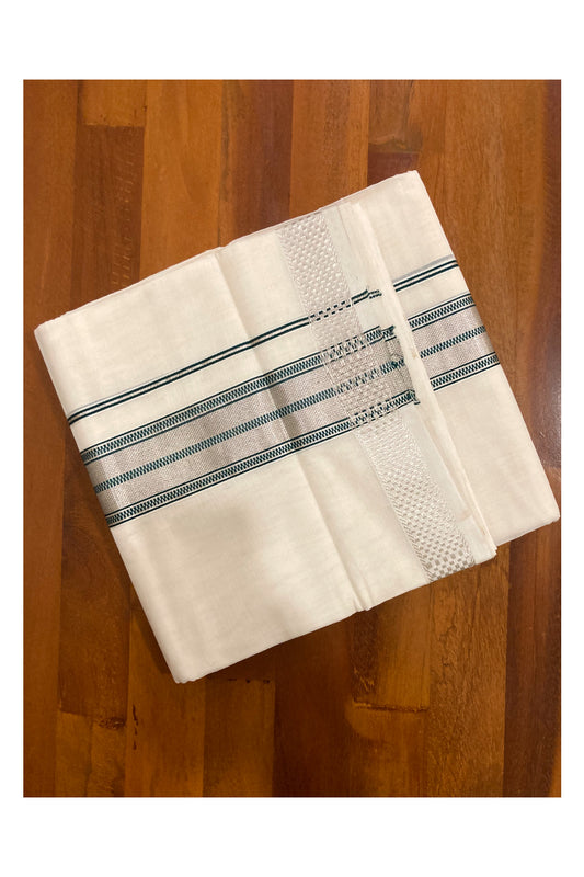 Southloom Premium Handloom Pure Cotton Mundu with Green and Silver Kasavu Border (South Indian Dhoti)