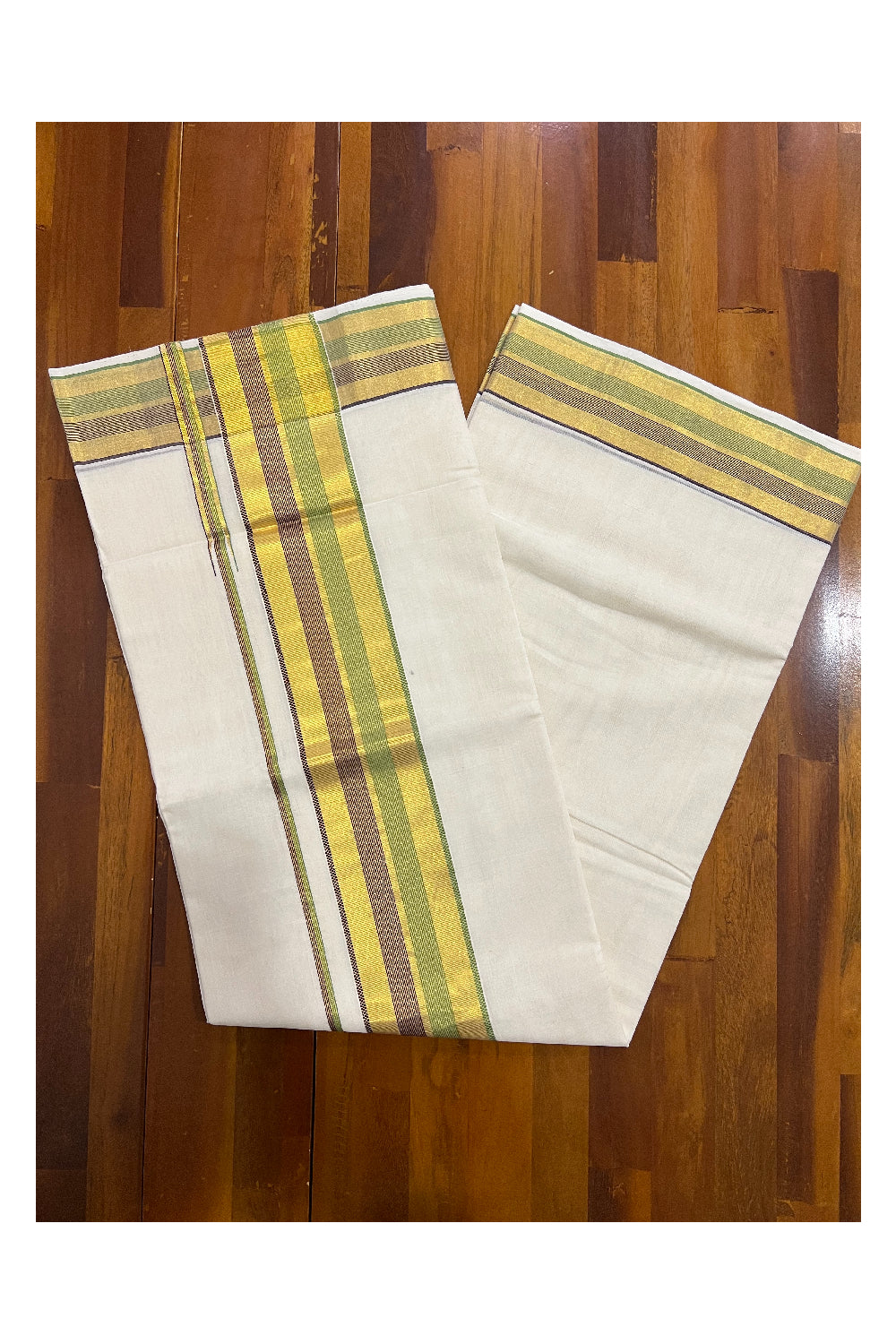 Southloom™ Premium Handloom Kerala Saree with Kasavu Brown and Light Green Border