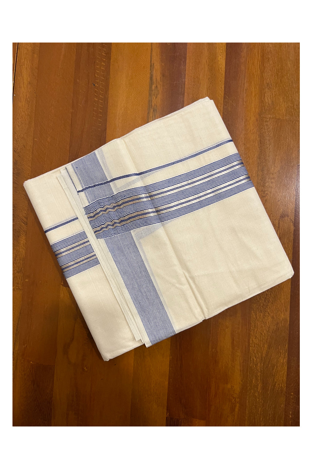 Off White Kerala Double Mundu with Silver Kasavu and Blue Line Border (South Indian Dhoti)