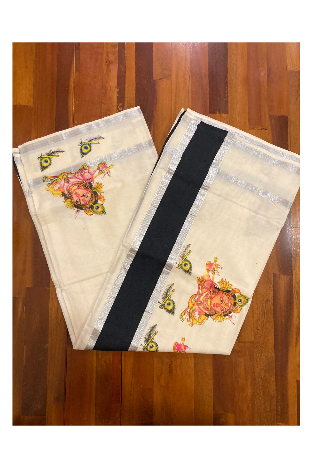 Pure Cotton Kerala Saree with Krishna Face Mural Prints and Silver Black Border