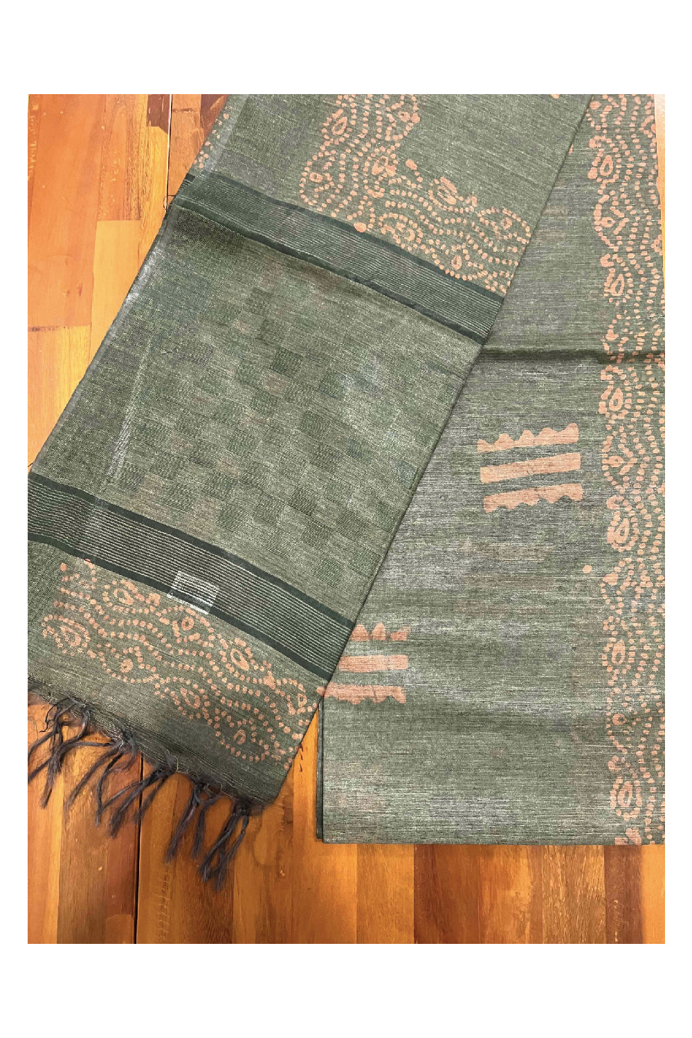 Southloom Cotton Dark Green and Orange Designer Saree with Baswara Print