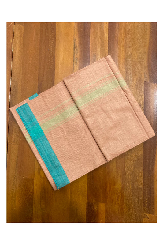 Southloom Premium Handloom Dark Saffron Solid Single Mundu (Lungi) with Green Border