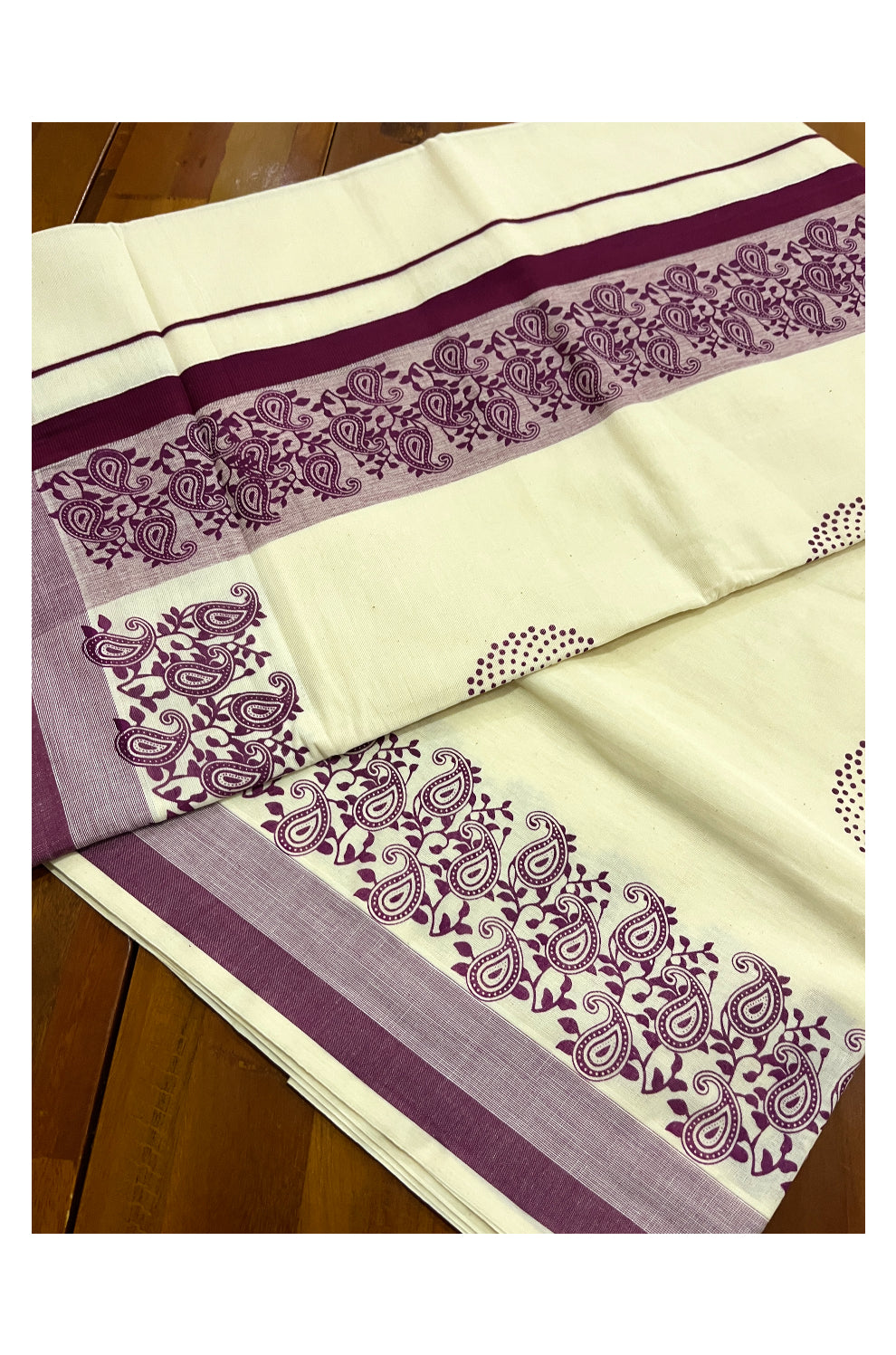 Pure Cotton Off White Kerala Saree with Purple Paisley Block Prints on Border