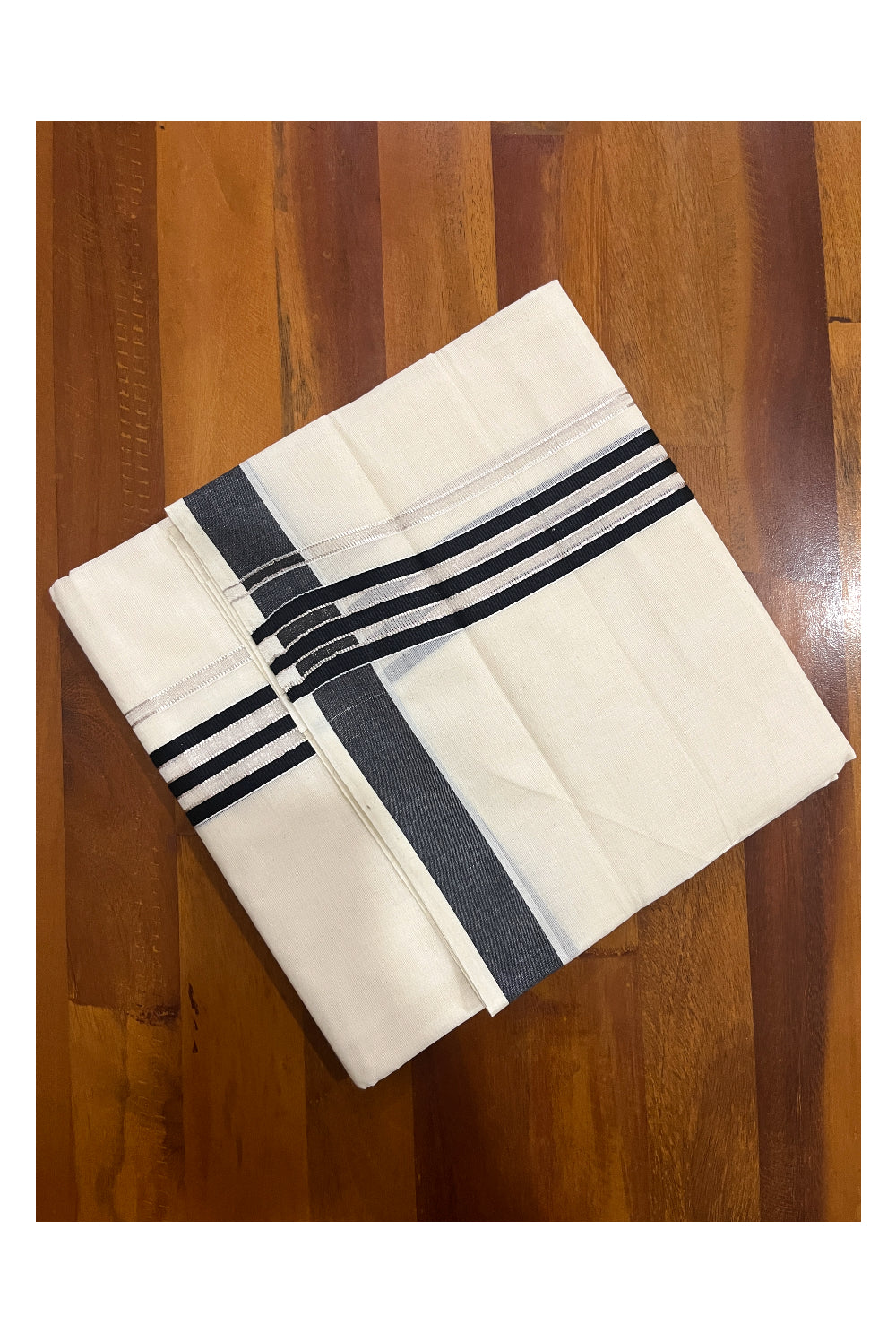 Pure Cotton Off White Double Mundu with Black and Silver Kasavu Kara (South Indian Dhoti)