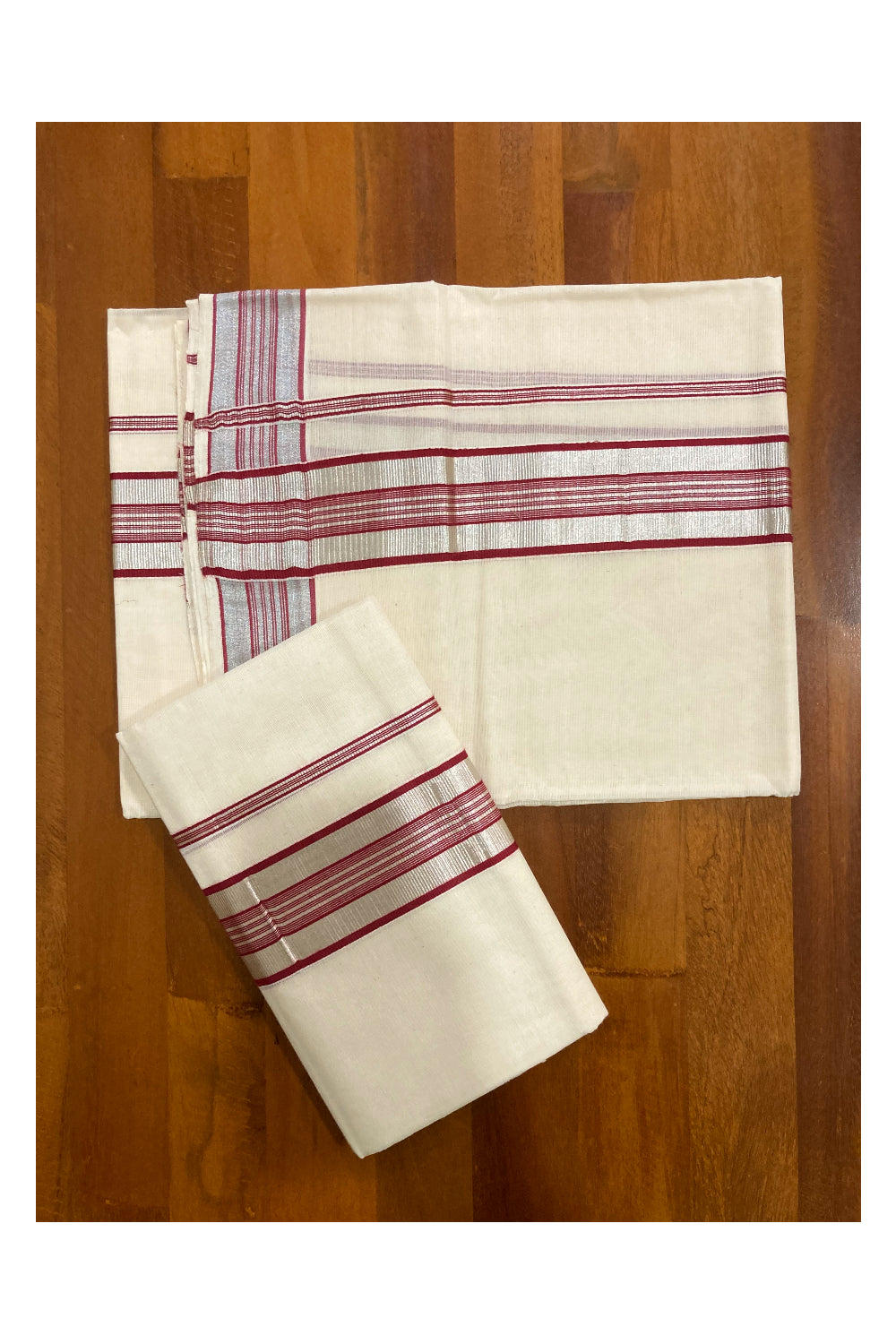 Kerala Cotton Mundum Neriyathum Single (Set Mundu) with Maroon and Silver Kasavu Border 2.80 Mtrs