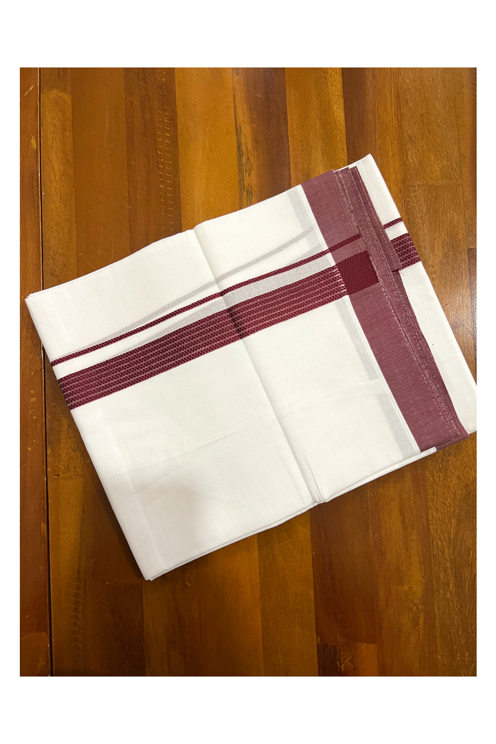 Pure White Cotton Double Mundu with Lines on Dark Maroon Border (South Indian Dhoti)