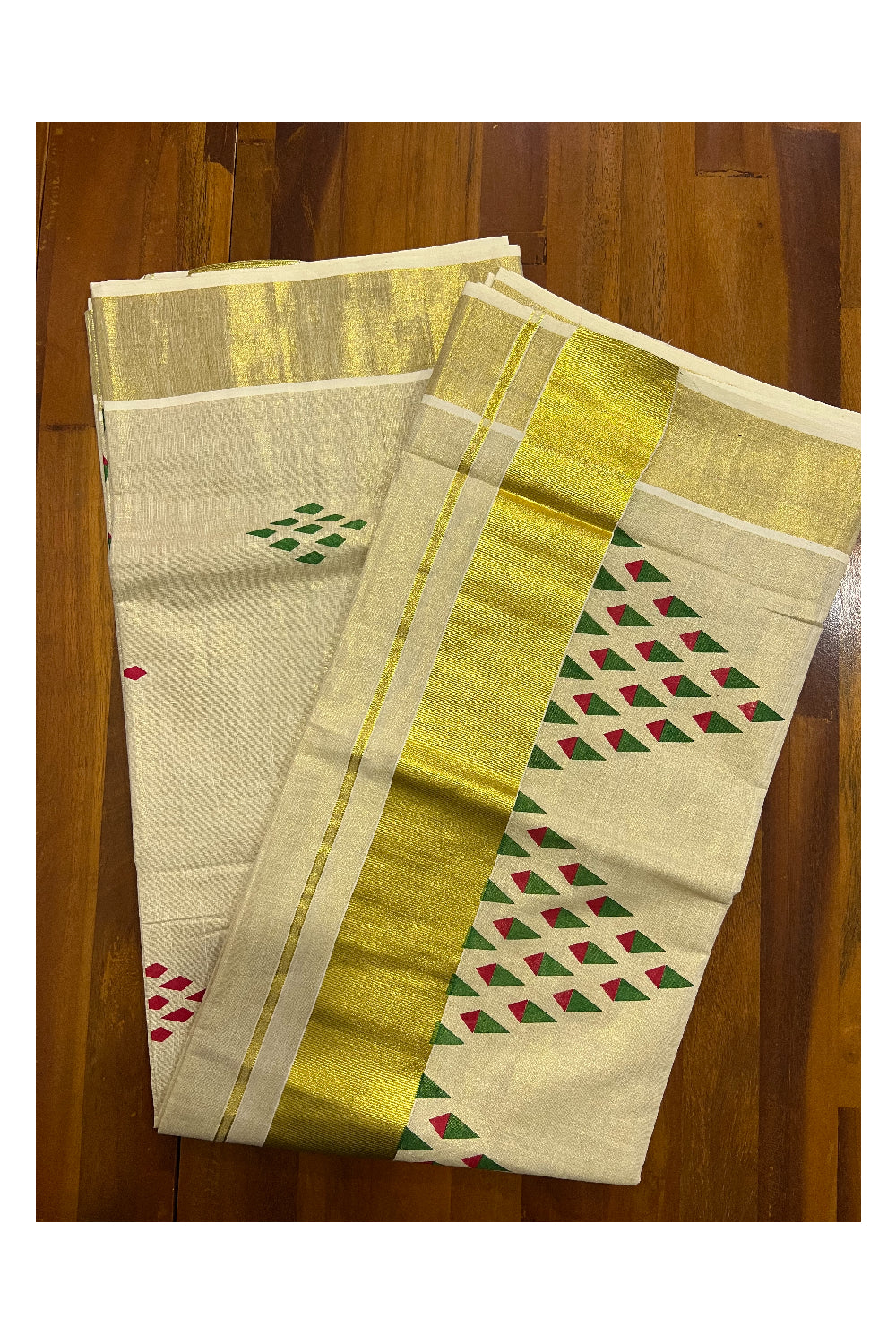 Kerala Tissue Kasavu Saree with Red and Green Block Print Design