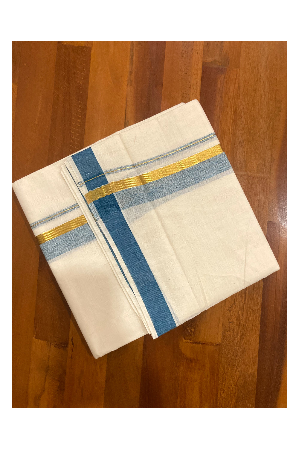 Pure Cotton Off White Double Mundu with Blue and Kasavu Border (South Indian Dhoti)