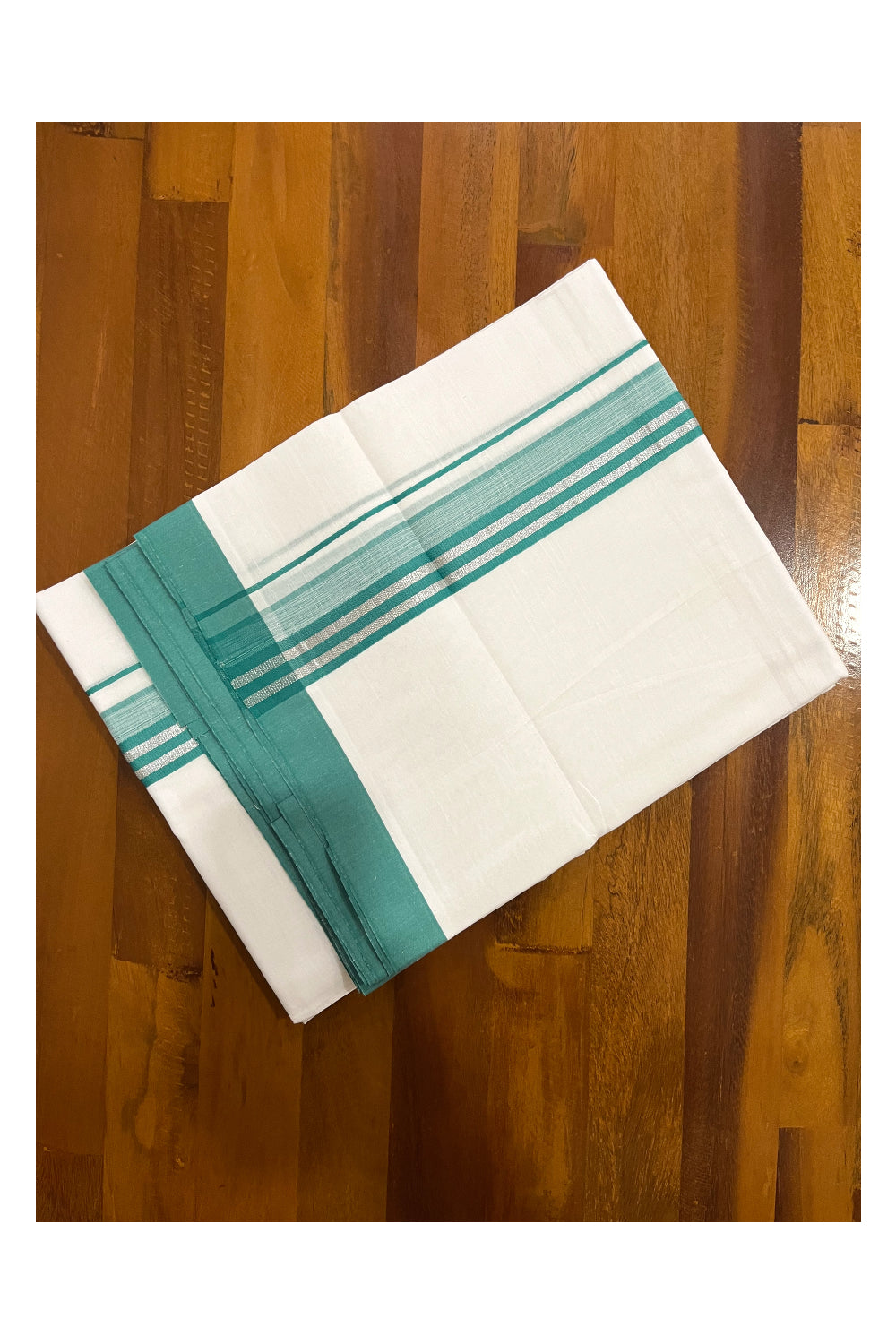 Pure White Cotton Double Mundu with Silver Kasavu and Green Border (South Indian Kerala Dhoti)