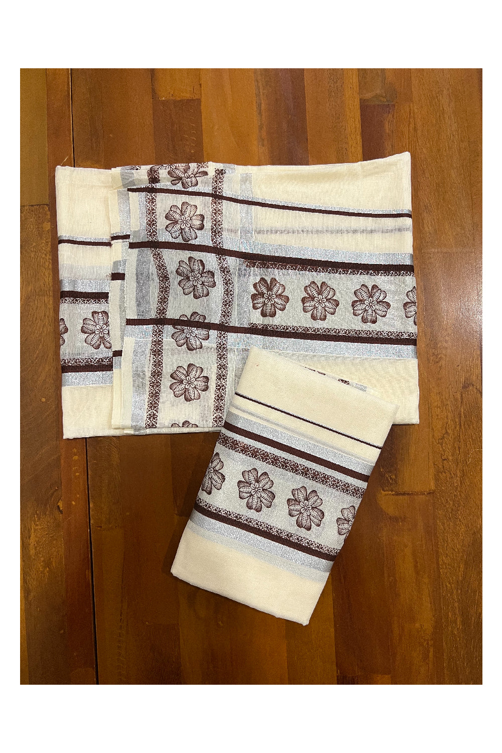 Cotton Silver Kasavu Set Mundu (Mundum Neriyathum) with Brown Floral Block Prints on Border