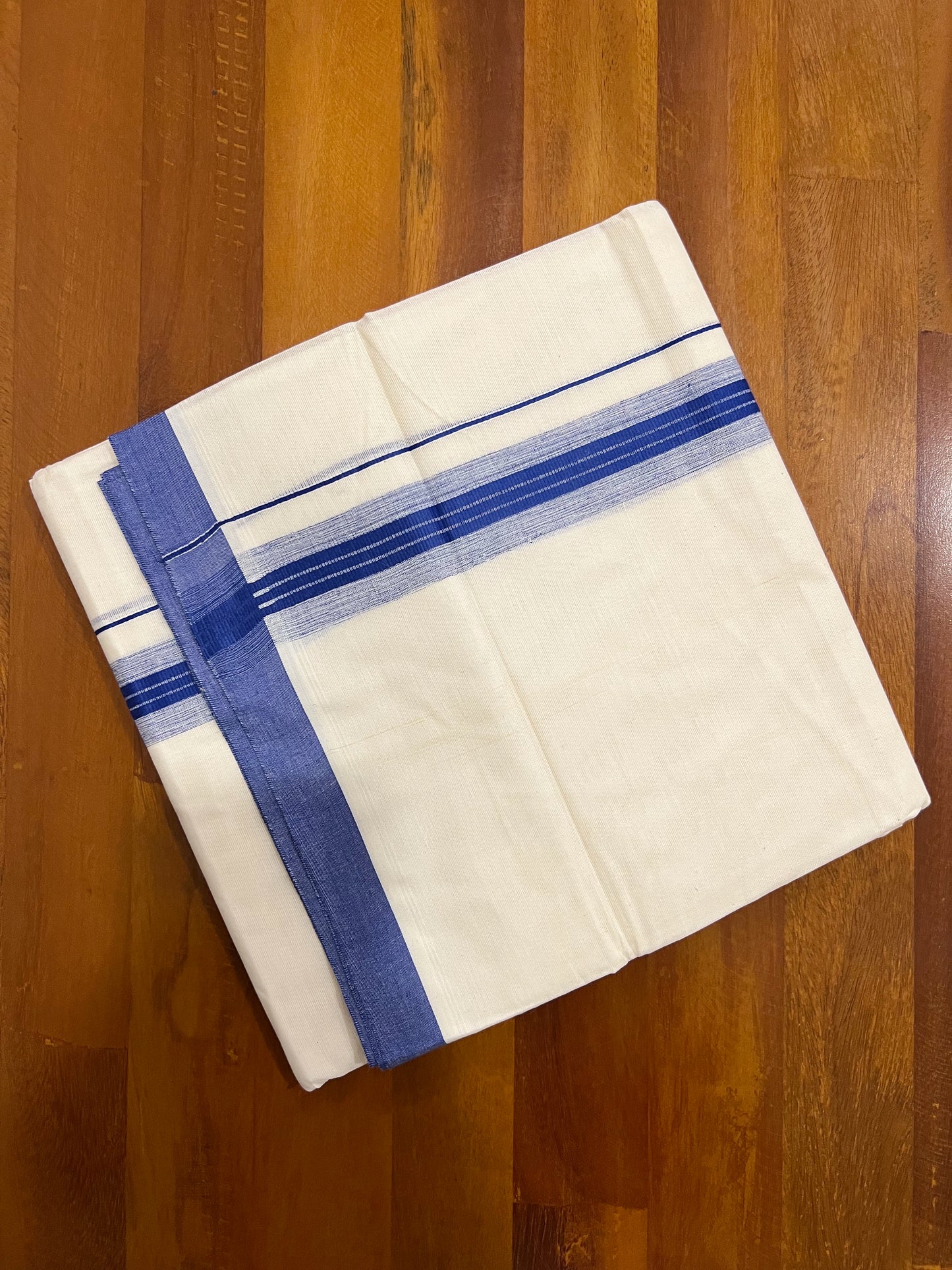Pure Cotton Off White Double Mundu with Blue Border (South Indian Dhoti)