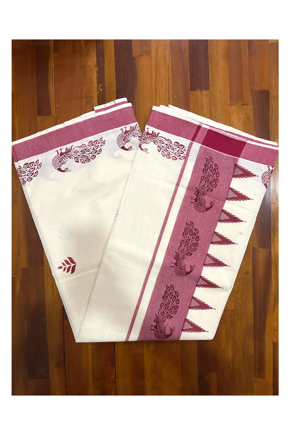 Pure Cotton Kerala Saree with Maroon Peacock Temple Block Printed Border