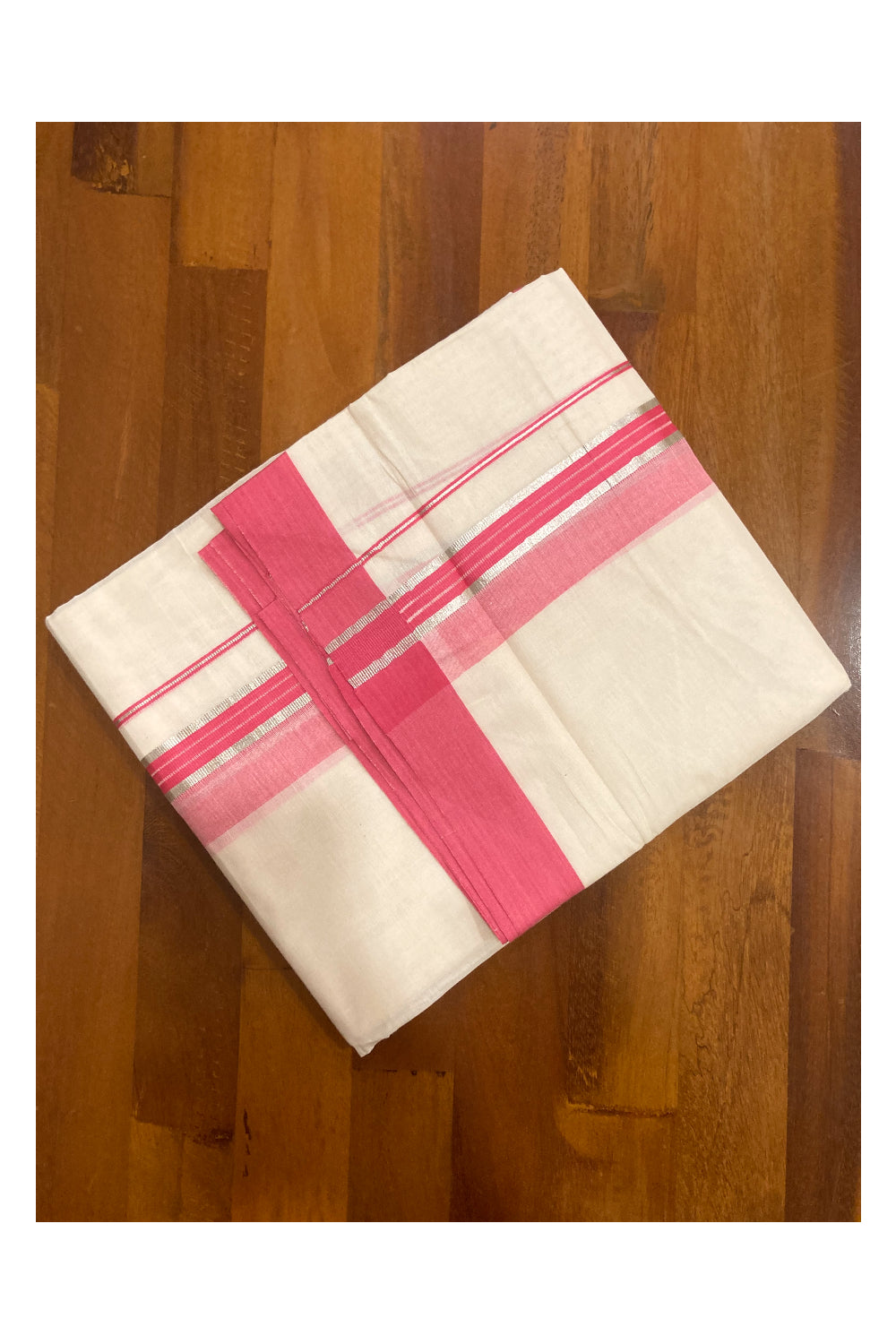 Off White Kerala Double Mundu with Silver Kasavu and Pink Border (South Indian Kerala Dhoti)