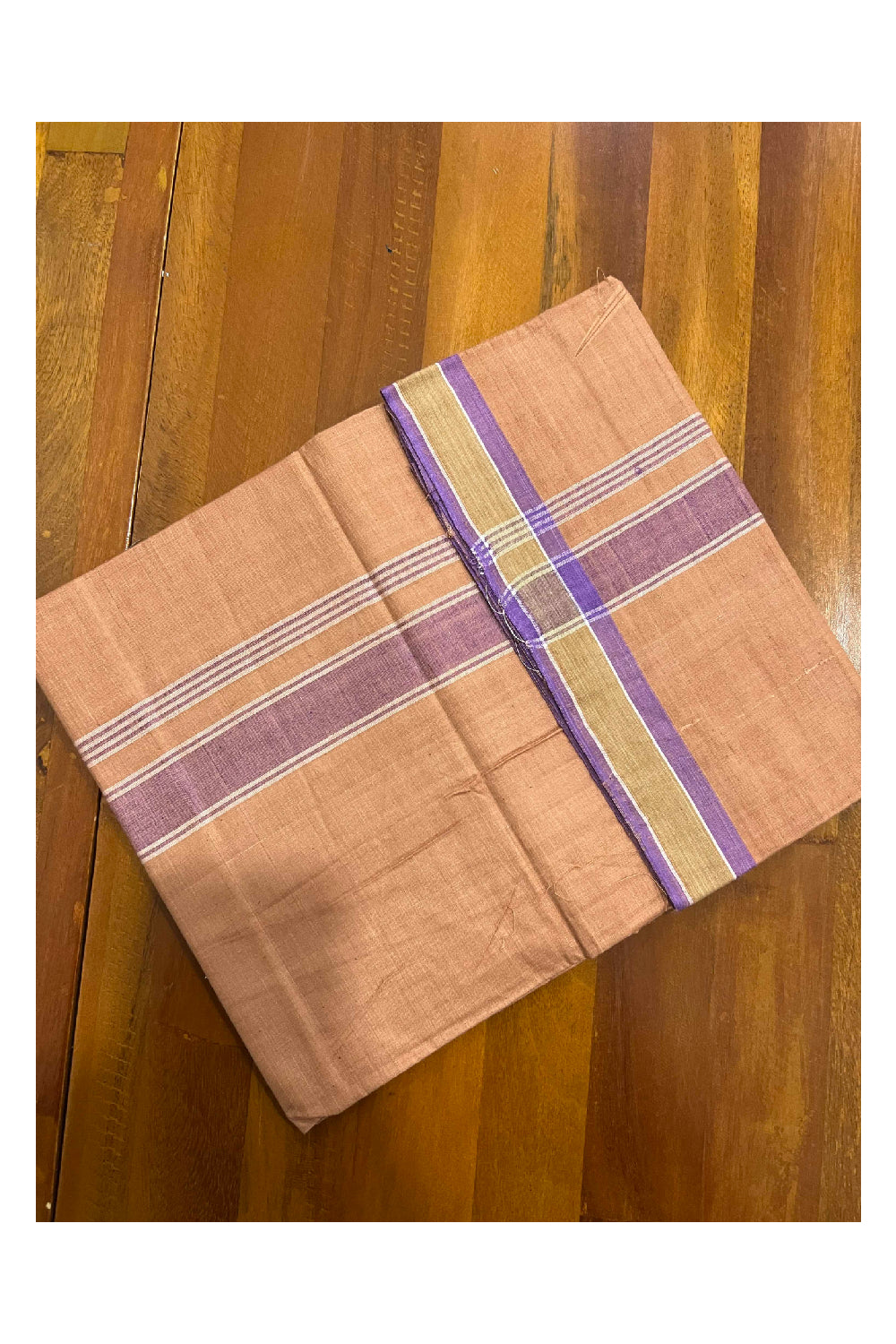 Southloom Premium Handloom Dark Saffron (Kaavi) Single Mundu with Violet Border (Lungi)