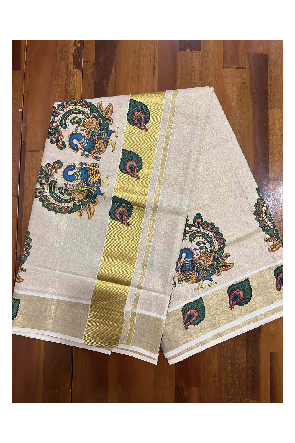 Kerala Tissue Kasavu Saree With Mural Peacock Art Design on Pallu and Border