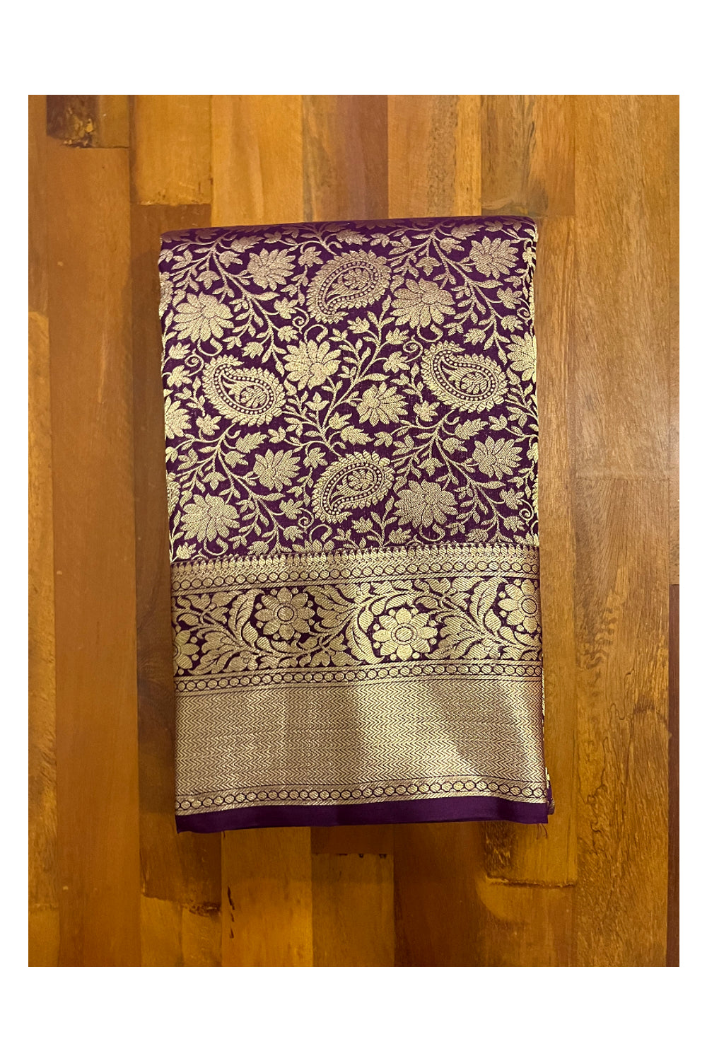 Southloom Double Warp Handloom Pure Silk Kanchipuram Purple Manthrakodi Saree with Kasavu Woven Works