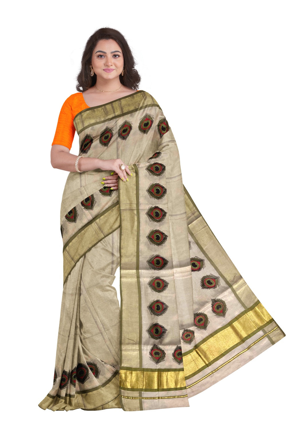 Kerala Tissue Kasavu Mural Printed Peacock Feather Saree with Olive Green Border